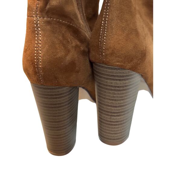 Size 9 Brown Faux Suede Pull On MidCalf Pointed Toe Block Heel Bootie Fall Boot - Picture 6 of 9
